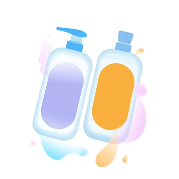 Two shampoo bottles are positioned closely together, one bottle labeled "lavender" and the other labeled "citrus." The bottle containing lavender has a soft purple hue, while the citrus bottle features a vibrant orange shade. The colors from both bottles swirl together in a dynamic blend, creating a gradient of pastel colors where they meet. A few drops of liquid are forming around the base of each bottle, capturing the essence of their respective scents.