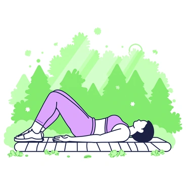 A person is performing glute bridges on a wooden deck. They are lying on their back with their feet flat on the deck and their knees bent. Their arms are resting by their sides. In the background, there is a dense forest filled with trees. Sunlight filters through the leaves, casting gentle shadows on the deck. The ground around the deck is covered with green grass and scattered leaves. There are no other people or objects in the immediate vicinity.