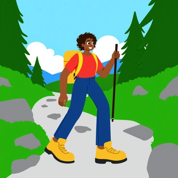 A black woman hiking up a rocky mountain trail. She has a large, colorful backpack strapped to her back and holds a sturdy walking stick in her right hand. The trail is surrounded by lush green vegetation and tall trees, with a clear blue sky overhead. The woman is wearing a bright red t-shirt, comfortable hiking pants, and sturdy boots. Her hair is styled in natural curls, and she has a focused expression as she navigates the path. Sunlight filters through the leaves, casting dappled shadows on the ground.