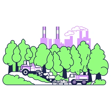 A deep forest filled with tall trees and dense foliage stretches across the scene. In the background, the outlines of factories begin to emerge, gradually encroaching upon the natural landscape. The factories are large and industrial, featuring smokestacks that rise into the sky. In the foreground, some trees are being cut down, with logs scattered on the ground. A path of dirt marks the entrance of construction vehicles, which are positioned near the trees, preparing to clear the area for further urban development. The atmosphere reflects the stark contrast between the tranquility of the forest and the signs of industrialization approaching.