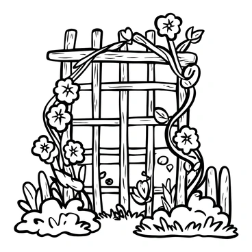 "Morning glories" in full bloom climbing up a rustic wooden trellis. The trellis is weathered and shows signs of age, with intricate patterns made by the twisting vines. Surrounding the trellis are lush green leaves and additional garden plants, creating a vibrant scene. In the background, there is a hint of a wooden fence and a small patch of grass, suggesting a cozy backyard garden setting. The overall composition highlights the beauty of the climbing flowers and the textured surfaces of the trellis.