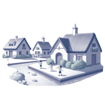 A picturesque village scene featuring several quaint cottages with thatched roofs and stone walls. Each cottage has unique architectural details, such as arched doorways and window boxes filled with flowers. In the foreground, a group of children is playing together, with one child flying a kite and another skipping stones by the gentle stream. The stream flows softly through the village, bordered by lush greenery and smooth pebbles. The overall composition captures the essence of a peaceful day in a rural setting.