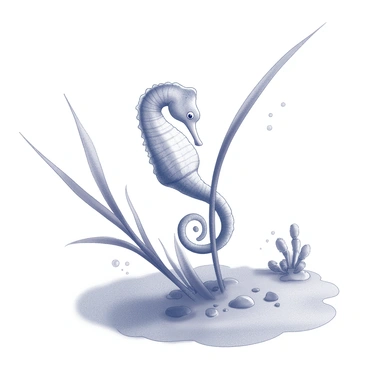 A delicate seahorse is clinging to a piece of seagrass in shallow coastal water. The seahorse has a slender, elongated body with distinctive curled tail and intricate textures along its skin. The seagrass sways gently with the movement of the water, featuring long, narrow blades that are anchored to the sandy bottom. Tiny bubbles rise to the surface, creating a sense of movement in the water. The background includes hints of other aquatic plants and the soft outline of distant rocks beneath the clear surface of the water.