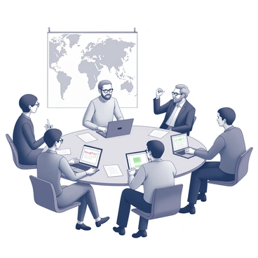 A group of five experts is gathered around a circular table in a conference room. Each expert has a stack of papers and a laptop in front of them. One expert, a woman with short hair, is speaking animatedly, pointing to a chart displayed on her laptop screen. Another expert, an older man with glasses, is taking notes while looking thoughtfully at her. A third expert, a younger man with a beard, gestures towards a large map of affected areas displayed on the wall. The remaining two experts, one woman and one man, are engaged in a discussion, exchanging ideas and opinions about desertification. The atmosphere is focused and collaborative, capturing the urgency of the topic being addressed.