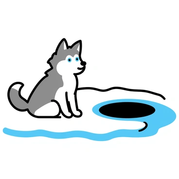A husky with thick, fluffy fur in shades of gray and white is sitting on a snowy surface beside an ice fishing hole. The dog's bright blue eyes are focused intently on the hole, showcasing its keen sense of curiosity. The surrounding area is covered in a blanket of pristine, white snow, and the ice fishing hole appears dark and circular in contrast. The husky's ears are perked up, and its tail is wagging slightly, indicating its excitement in the wintry setting.