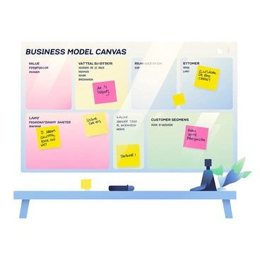 A large business model canvas is displayed prominently on a wall. The canvas is filled with sections labeled clearly, such as "Key Partners," "Value Propositions," and "Customer Segments." Each section is adorned with colorful sticky notes in various sizes and hues, including bright pink, sunny yellow, and vibrant blue. The sticky notes are filled with handwritten text representing different business ideas and concepts. Some notes are placed neatly, while others are slightly askew, adding a dynamic feel to the arrangement. A few pens are scattered on a nearby table, ready for further brainstorming. The overall atmosphere conveys a sense of active collaboration and creativity.