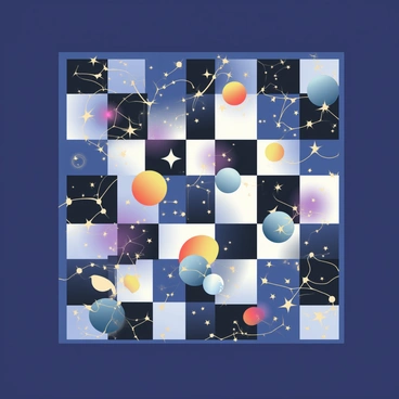 A chessboard with a sleek, black finish is set against a deep blue background. Each square of the chessboard is filled with luminous stars, creating intricate constellations. The white squares display bright clusters of stars shaped like the "Big Dipper" and "Orion," while the black squares feature softer, more subtle constellations like "Cassiopeia" and "Scorpius." The stars twinkle gently, and some squares have swirling nebulae in various shades of purple and blue surrounding them, enhancing the celestial theme. The pieces of the chess set are designed to resemble different celestial bodies, with some shaped like planets and others like celestial phenomena.