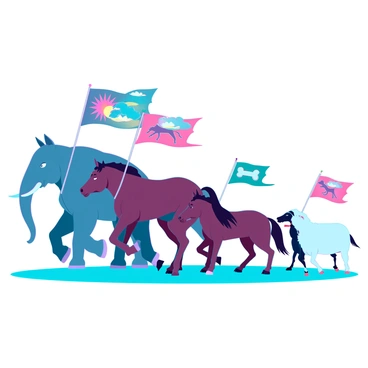 A colorful parade of various animals is taking place, each marching in a line with unique flags attached to their backs. There is a majestic elephant with a large flag depicting a vibrant sun. Next to it, a proud horse strides confidently, its flag showcasing a galloping steed. A playful dog prances along, its flag featuring a playful bone design. Further along, a fluffy sheep follows, displaying a flag adorned with soft clouds. The animals are showcasing their backsides, each one contributing to a lively and festive atmosphere with their flags waving in the breeze. The ground beneath them is a soft, grassy field, adding to the vibrant scene.