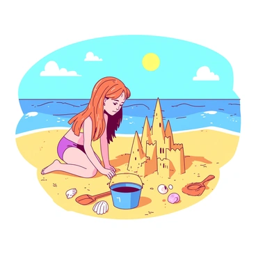 A young girl with long, sun-kissed hair is kneeling on a yellow sandy beach, concentrating on her task. She is wearing a colorful swimsuit and has a small blue bucket beside her. The girl is carefully shaping a sandcastle with intricate towers and bridges. Nearby, there are various seashells scattered across the sand, and a small orange shovel rests next to her. The sun is shining brightly in the clear blue sky, casting warm light over the scene. In the background, gentle waves are lapping at the shore, creating a serene atmosphere.