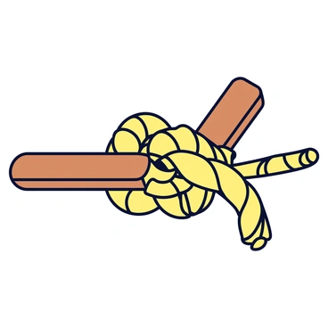 A close-up view of a rope used in a cleat hitch, showcasing its twisted fibers and various textures. The rope is thick, with visible strands woven together, creating a strong appearance. The cleat is made of polished wood, with two protruding arms where the rope is securely tied. The knot is tight and neatly formed, emphasizing the functionality of the hitch. The background is simple to keep focus on the rope and cleat.