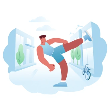 A young athlete is in the middle of performing donkey kicks on a quiet urban street. The athlete is wearing a fitted sports tank top and shorts, showcasing an active and fit physique. The street is lined with minimalist buildings and sparse greenery, creating a calm atmosphere. Soft pastel colors fill the scene, enhancing the sense of tranquility. In the background, a smooth pavement stretches into the distance, and a few bicycles are parked nearby, adding to the urban environment.