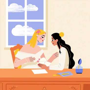 Juliet is sitting at a wooden desk, which has a polished surface and ornate carvings. She is holding a folded letter and looking at it with a soft expression. The window beside her allows natural light to spill into the room, illuminating her delicate features. Outside the window, a blue sky with fluffy white clouds is visible. Juliet has long, flowing hair that cascades over her shoulders, and she wears a simple yet elegant dress. The desk is adorned with a few scattered quills and an ink pot, adding to the atmosphere of her reading.