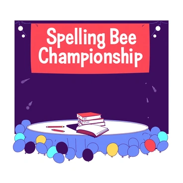 A red festive banner is hanging high above the stage. The banner displays the words "Spelling Bee Championship" in bold white letters. The stage beneath the banner is decorated with colorful balloons in various shades of blue and yellow. There are also small tables arranged neatly on the stage, each with a stack of spelling books and pencils. Spotlights illuminate the area, creating an inviting atmosphere for the event.