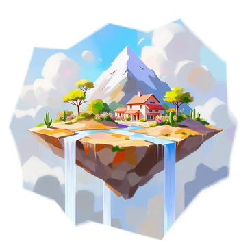 A series of floating islands in the sky, each island featuring a distinct landscape. The first island has a lush tropical jungle with vibrant green foliage and colorful flowers. The second island boasts a snow-capped mountain range, with a clear blue sky and fluffy white clouds surrounding it. The third island is a serene desert landscape, characterized by golden sand dunes and scattered cacti. The fourth island showcases a quaint village with charming cottages, winding paths, and blooming gardens. Each island is suspended in mid-air, connected by shimmering waterfalls that cascade from one to another. The overall scene conveys a sense of wonder and adventure in the exploration of these unique, imaginative worlds.