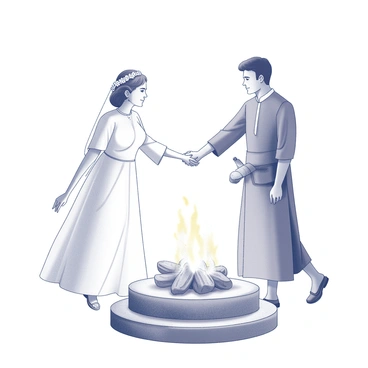 A couple dressed in traditional wedding attire is walking hand in hand around a sacred fire. The fire is contained within a circular stone arrangement, and it emits flickering flames that create dynamic shadows. The couple is surrounded by a small group of family and friends, who are observing the ceremony with solemn expressions. The woman has a garland of flowers adorning her hair, while the man holds a ceremonial object in his other hand. The scene captures an intense moment of focus as the couple engages in their wedding rituals, with the flames illuminating their faces.