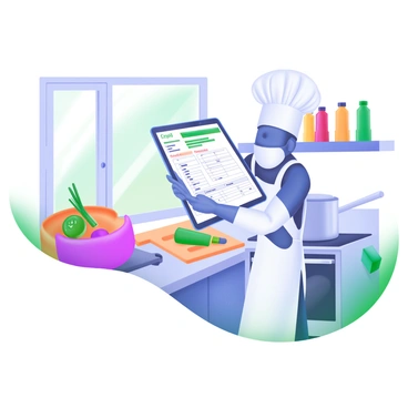 A modern pastel illustration depicting a chef standing in a bright kitchen. The chef, wearing a white apron and a chef's hat, is focused on a tablet in their hands. The tablet displays a spreadsheet filled with organized recipes and ingredients. Surrounding the chef are various kitchen elements, including a wooden cutting board with vegetables, a pot on the stove, and colorful spice jars lined up on a shelf. Natural light streams in through a window, illuminating the workspace.