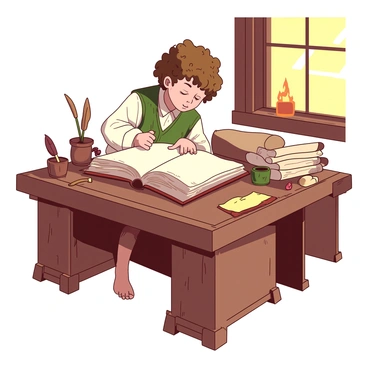 A small hobbit with curly brown hair is sitting at a sturdy wooden desk. The hobbit is wearing a green vest over a white shirt, looking intently at a large leather-bound book that is open in front of him. The desk is cluttered with various quills, ink pots, and small trinkets. A warm light from a nearby window illuminates the scene, casting gentle shadows across the desk. The hobbit's feet dangle slightly above the ground, and there are rolled parchment sheets stacked beside the book. A cozy atmosphere fills the room, making it appear inviting and warm.