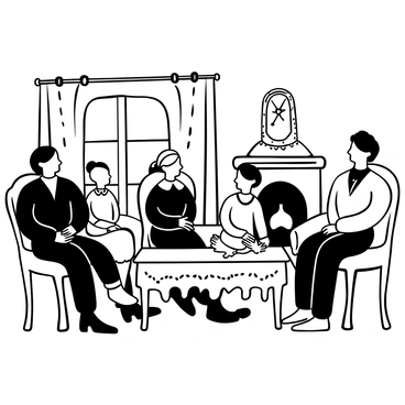 An Edwardian family arranged for a formal portrait in their sitting room. The parents sit in the center, dressed in traditional Edwardian attire, with the father wearing a dark suit and the mother in an elegant long dress with intricate details. Surrounding them are their children, dressed in period-appropriate clothing, including a young boy in a sailor suit and a girl in a frilly dress. The sitting room is furnished with ornate chairs and a large wooden table adorned with a lace tablecloth. A grandfather clock stands in the corner, and a large window allows light to filter into the room, highlighting the family's attire and the elegant decor. A cozy fireplace is visible in the background, completing the scene.