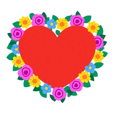 A red heart symbol sits at the center of the image. Surrounding the heart is a protective shield formed by an array of colorful flowers, including pink roses, yellow daisies, and blue forget-me-nots. The flowers are arranged in a circular pattern, creating a vibrant border around the heart. Each flower exhibits distinct details, such as green leaves and bright petals, enhancing the overall composition. The heart appears bold and striking, contrasting beautifully with the delicate floral shield.