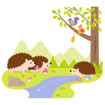 A charming woodland scene featuring a group of hedgehogs with brown spiky fur gathered around a small patch of mushrooms. Nearby, two playful squirrels are climbing a tree with green leaves, their fluffy tails hanging down. Several colorful birds with bright feathers are perched on the branches, chirping happily. In the background, soft sunlight filters through the trees, casting gentle shadows on the ground covered with grass and fallen leaves. A small stream flows through the scene, reflecting the vibrant colors of the wildlife.