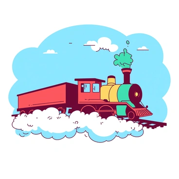 A cartoon train with a colorful engine is riding on a track made of fluffy white clouds. The train has vibrant red and yellow carriages, and puffs of teal smoke are billowing from its chimney. The sky is a bright blue, dotted with a few small white fluffy clouds. Below the train, the fluffy clouds appear soft and whimsical, creating a dreamy atmosphere around the scene.