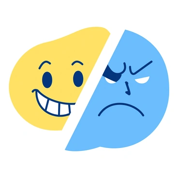A yellow smiling face is positioned on the left side of the image, characterized by bright, cheerful eyes and a wide grin. On the right side, a blue frowning face features downturned eyes and a sad expression. A sharp diagonal line divides the two faces, contrasting their emotions distinctly. The background is a smooth blend of yellow and blue, enhancing the difference between the two expressions.