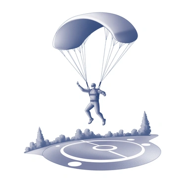 A skydiver in a streamlined jumpsuit is descending through clear skies, arms slightly spread to stabilize their position. The parachute is fully deployed above them, featuring a billowing canopy that contrasts with the blue atmosphere. Below, a designated landing zone is marked with bright white circles and lines on the ground, surrounded by lush greenery. The scene captures the vastness of the sky and the thrill of the descent.