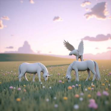 A wide meadow covered in lush green grass and colorful wildflowers. In the foreground, two elegant unicorns, one with a white coat and a shimmering horn, and another with a silver coat, are grazing peacefully. Nearby, a majestic griffin, with the body of a lion and the wings and head of an eagle, stands tall, its feathers catching the fading light. The twilight sky is painted in soft shades of purple and orange, with scattered clouds reflecting the last rays of sunlight. The atmosphere feels tranquil as the mythical creatures interact and roam freely in the meadow.