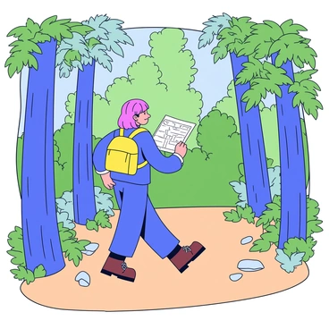 A woman hiking through a dense forest. She is holding a folded map in one hand while the other hand is brushed against the bark of a tall tree. The forest is filled with various shades of green, with sunlight filtering through the leaves. The ground is covered with soft brown leaves and small rocks, leading the way through the trees. The woman is wearing a comfortable backpack and sturdy hiking boots.