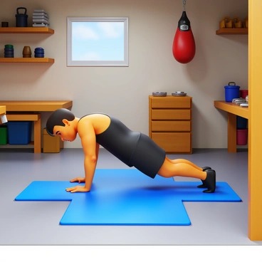 A person performing push-ups on a blue exercise mat. The garage is filled with various homemade gym equipment, including wooden benches and a suspended punching bag. There are weights stacked in the corner and a small window letting in natural light. The person is wearing a black tank top and shorts, showcasing determination in their expression. Tools and other equipment are visible on shelves lining the walls, contributing to the gym atmosphere.