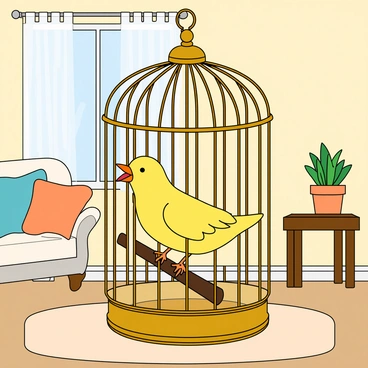 A cheerful canary with bright yellow feathers is perched on a small wooden branch inside a decorative birdcage. The birdcage is intricately designed with swirling patterns and has a shiny gold finish. The canary has its beak open as it sings joyfully. Surrounding the cage, there are soft pastel-colored walls and a window with light filtering through sheer curtains. A small potted plant sits on a nearby table, adding a touch of greenery to the cozy home environment. There are plush cushions on a chair, and a light rug covers the floor, enhancing the warm atmosphere of the room.