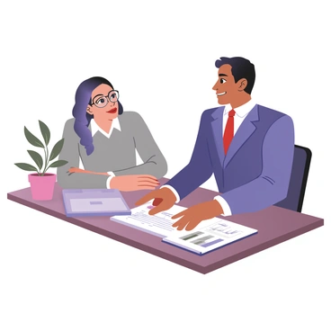 A bank officer is seated at a desk, engaged in a conversation with a customer. The officer has light brown skin, short black hair, and is wearing a blue suit with a white shirt and a red tie. The customer, who has medium skin and long curly hair, is sitting across from the officer, wearing a light gray sweater and glasses. On the desk, there are several papers and a laptop open, displaying charts and graphs related to loan options. The room has a professional ambiance, with light-colored walls and a potted plant in the corner. The officer is smiling and gesturing towards the documents, while the customer appears attentive and is leaning slightly forward.