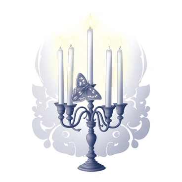 A moth with delicate, intricate wings is perched on the edge of a vintage, ornate candelabra. The candelabra features several candle holders, each hosting tall candles that emit a warm glow. The light casts soft shadows, highlighting the fine details of the moth's wings. The background includes elegant shapes and designs, creating an atmosphere that complements the Victorian style of the candelabra. The moth is positioned in such a way that it is clearly visible, showcasing its texture and patterns in relation to the surrounding light.