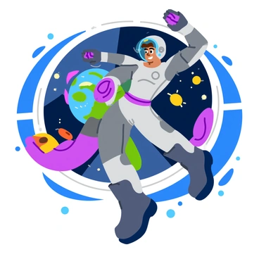A futuristic character with sleek, metallic armor is performing Russian twists in zero gravity. The character has a cybernetic arm that enhances their strength, and their helmet features a transparent visor displaying digital readouts. They are surrounded by floating exercise equipment and small objects that drift through the spacecraft. The background reveals a view of Earth through a large window, with stars twinkling in the deep black of space. The lighting is bright and highlights the character's movements as they twist.