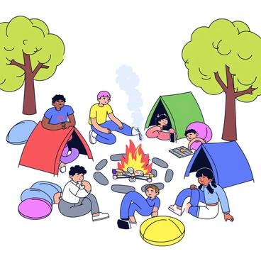 A group of teenagers is gathered in a sunny forest clearing, setting up colorful tents. Each tent is a different bright color, such as red, blue, and green, with open flaps revealing sleeping bags inside. Some teenagers are busy securing tent pegs into the ground, while others are arranging supplies nearby. In the center, a campfire crackles with orange and yellow flames, surrounded by a circle of smooth stones. Several teenagers are crouched around the fire, cooking food on a metal grill, with smoke rising gently into the air. Trees with green leaves provide a natural backdrop, and sunlight filters through the branches, creating a warm atmosphere.