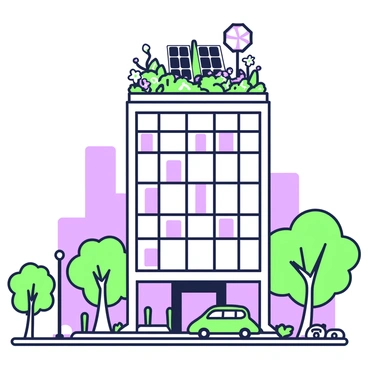 An urban building stands tall with a modern architectural design. The structure features large glass windows that reflect the surrounding cityscape. Atop the building, there is a lush rooftop garden filled with various plants and flowers, thriving in the sunlight. The garden is interspersed with solar panels, positioned strategically to absorb solar energy. Below, the streets are bustling with activity, and trees line the sidewalks, complementing the greenery above. The scene captures the harmony between urban development and nature.
