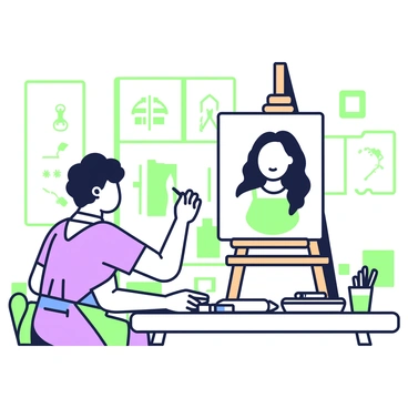 An artist is seated at a wooden easel, focused on drawing a realistic portrait of a woman. The artist has short, curly hair and wears a blue apron over a plain shirt. In front of the artist, a 9x12 illustration board is propped up on the easel, displaying a half-finished portrait. The woman's features are depicted with great detail, showcasing her long hair falling softly around her shoulders. The artist is using a pencil in their right hand, and their left hand supports the board. There are several art supplies scattered on a small table next to the easel, including an eraser and various pencils. The background is a softly lit room with art supplies and tools visible.