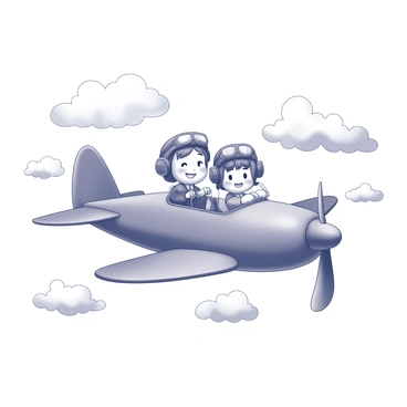 Two cartoon pilots are inside a whimsical airplane with an exaggerated, bulbous shape and oversized propellers. The pilots have cheerful expressions, each sporting a legacy aviator cap and goggles. The airplane is soaring through fluffy cloudscapes, where the clouds are puffy and whimsical, resembling cotton candy. The scene is lively, with the airplane angled slightly upward as it glides effortlessly among the clouds, creating a sense of motion and adventure.