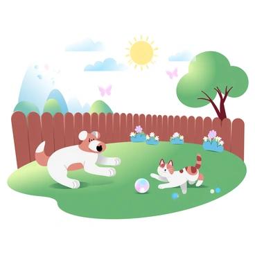 A dog with a fluffy coat is playfully bounding across a green lawn. A cat with short fur is pouncing on a colorful ball nearby. The sun is shining brightly in the sky, casting warm light over the scene. A wooden fence surrounds the backyard, with flower beds filled with various blooming plants in vibrant colors. A few butterflies are fluttering around, adding to the cheerful atmosphere. Trees are providing shade in the background, completing the lively setting.