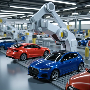 A robotic arm precisely putting together parts of a car in a factory