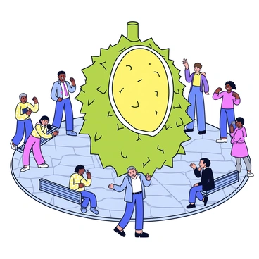 A giant durian sculpture positioned prominently in the center of a bustling city square. The durian is detailed, featuring its characteristic spiky green exterior and a slightly open section revealing the creamy yellow flesh inside. Surrounding the sculpture are various people, some smiling and posing for photos, while others are examining the sculpture with curious expressions. The square is paved with stone tiles, and there are a few benches along the perimeter where additional visitors are seated, enjoying the scene.
