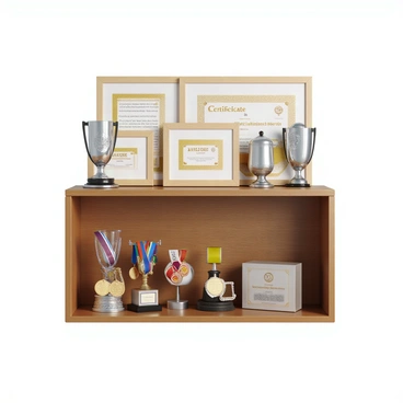 A display of various awards and accolades prominently arranged on a polished wooden shelf. The shelf features multiple framed certificates with gold foil lettering, showcasing achievements in design and illustration. There are several shiny trophies made of crystal and metal, each reflecting light and displaying intricate designs. Among the awards, there are medals hanging on a small stand, with colorful ribbons attached. The background includes a soft gradient that contrasts with the vibrant colors of the awards, enhancing their visibility and importance.
