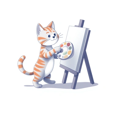 A cartoon cat with orange stripes is standing on its hind legs, holding a painter's palette in one paw. The palette features several dabs that suggest colors, though they appear in monochrome. The cat is also gripping a paintbrush in the other paw, poised above a blank canvas. The canvas is set on an easel and positioned at an angle, showing a smooth surface ready for painting. The cat's facial expression displays concentration as it prepares to make a stroke on the canvas.