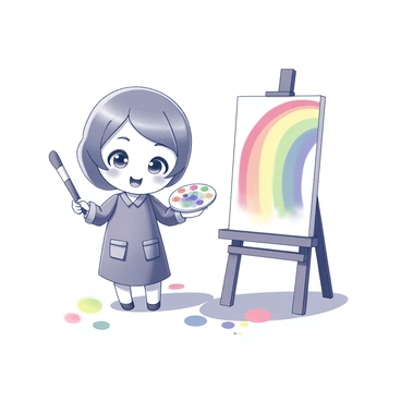 A chibi artist stands next to an easel, holding a paintbrush in one hand and a palette filled with various colors in the other. The artist has large expressive eyes and a cheerful smile. The canvas is set on the easel, displaying a partially painted rainbow that arcs across the surface. There are paint splatters on the floor, indicating a lively painting session. The artist's outfit is detailed with a smock featuring pockets, and colorful paint smudges add to the scene's playful atmosphere.