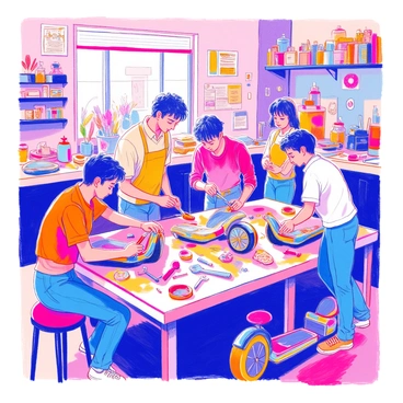 A workshop is filled with individuals engaged in various activities related to repairing and customizing mini segways. Several people are gathered around a central workbench, examining the components of a mini segway that lies disassembled. Tools such as wrenches, screwdrivers, and pliers are scattered across the workbench. One person is focused on painting a colorful design on a segway, while another is applying decals to another model. A wall is adorned with instructional posters and diagrams for segway mechanics. In the background, a shelf holds spare parts and accessories for customization. The atmosphere is busy and collaborative, with participants exchanging tips and techniques.