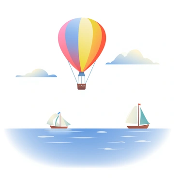 A colorful gas balloon is floating gracefully above a calm ocean. The balloon is round and vibrant, displaying a mix of bright colors like red, yellow, and blue. Below, the ocean reflects the soft light of the sun, creating gentle ripples and a serene blue hue. In the distance, several ships are sailing on the horizon, their sails billowing softly in the light breeze. The sky is clear with a few wispy clouds scattered across, adding a sense of tranquility to the scene.
