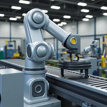 A robotic arm positioned in a factory setting, featuring a metallic surface with shiny chrome accents. The arm is equipped with several joints and a gripper designed to securely hold heavy machinery. It is actively using torque to lift a large piece of industrial equipment from a conveyor belt. The factory background includes various machines and tools, with bright overhead lights illuminating the workspace. The scene conveys an atmosphere of precision and efficiency in industrial operations.