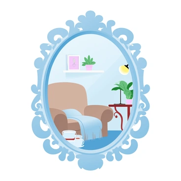 A beautifully carved frame surrounds an ornate mirror. The frame features intricate designs with floral patterns and swirling motifs. The mirror reflects a cozy room with a plush, inviting armchair draped in a soft blanket. Nearby, a wooden side table holds a steaming cup of tea and a stack of books. A warm glow emanates from a lamp in the corner, illuminating the textured wallpaper. In the background, a decorative shelf displays potted plants and framed photos, adding to the inviting atmosphere of the space.