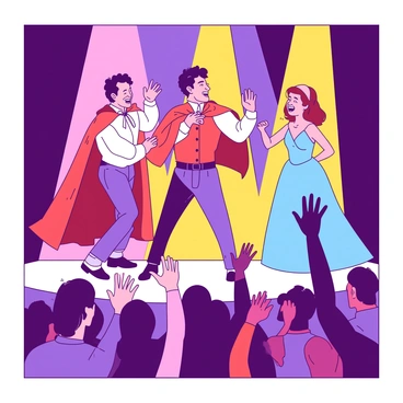 A group of young actors in vibrant costumes is performing on a stage. The costumes include a mix of colorful fabrics, with one actor wearing a red cape and another dressed in a blue gown. They are captured mid-performance, showing expressive faces conveying joy and excitement. Bright lights illuminate the stage, casting a warm glow on the actors and highlighting their features. In the foreground, a cheering audience can be seen with hands raised in applause, their faces filled with admiration and enthusiasm. The atmosphere is lively, reflecting the energy of a successful performance.