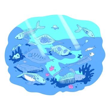 A blue ocean floor is dotted with numerous fish skeletons in various stages of decay, resembling a graveyard of marine life. The skeletons are intricately detailed, showing the contours of bones and remnants of fins. Some skeletons are partially buried in the sandy ocean bed, while others lie exposed, surrounded by small, colorful coral formations. Soft rays of sunlight filter through the water, casting delicate shadows over the scene and illuminating the faded structures of the fish bones.